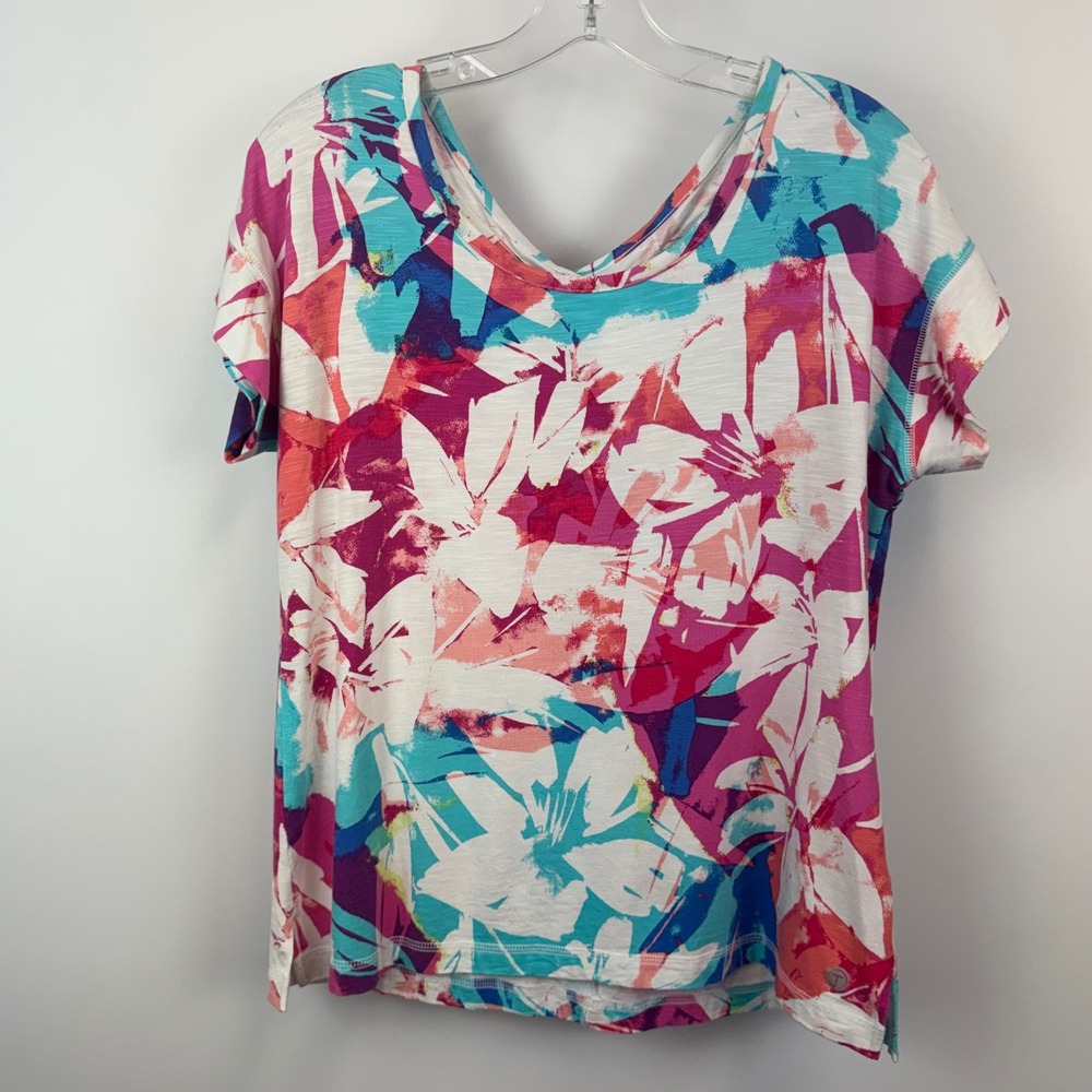 T by Talbots Womens Pink Turquoise Floral Abstract Short‎ Sleeve Top Size M